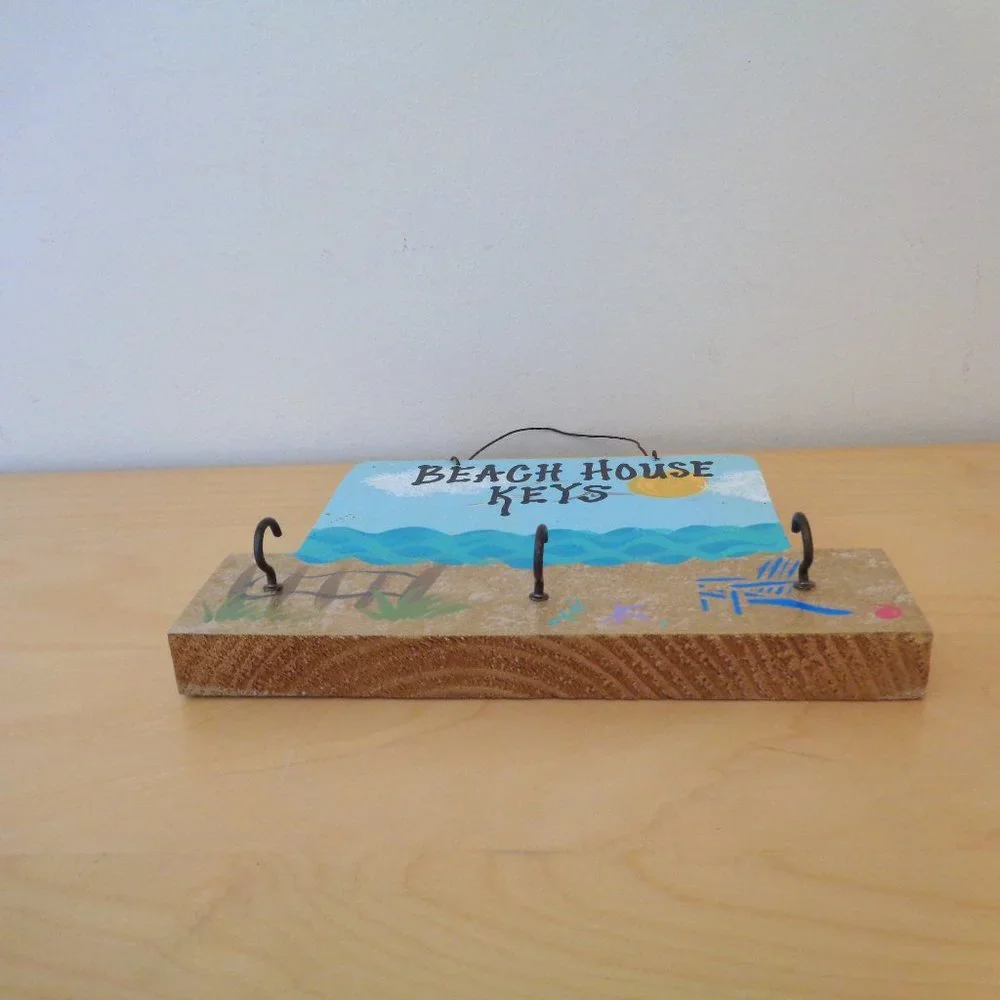 Beach House Keys Wood Key Hanger Holder Triple Wall Hooks Ocean Sand Blue Decor
